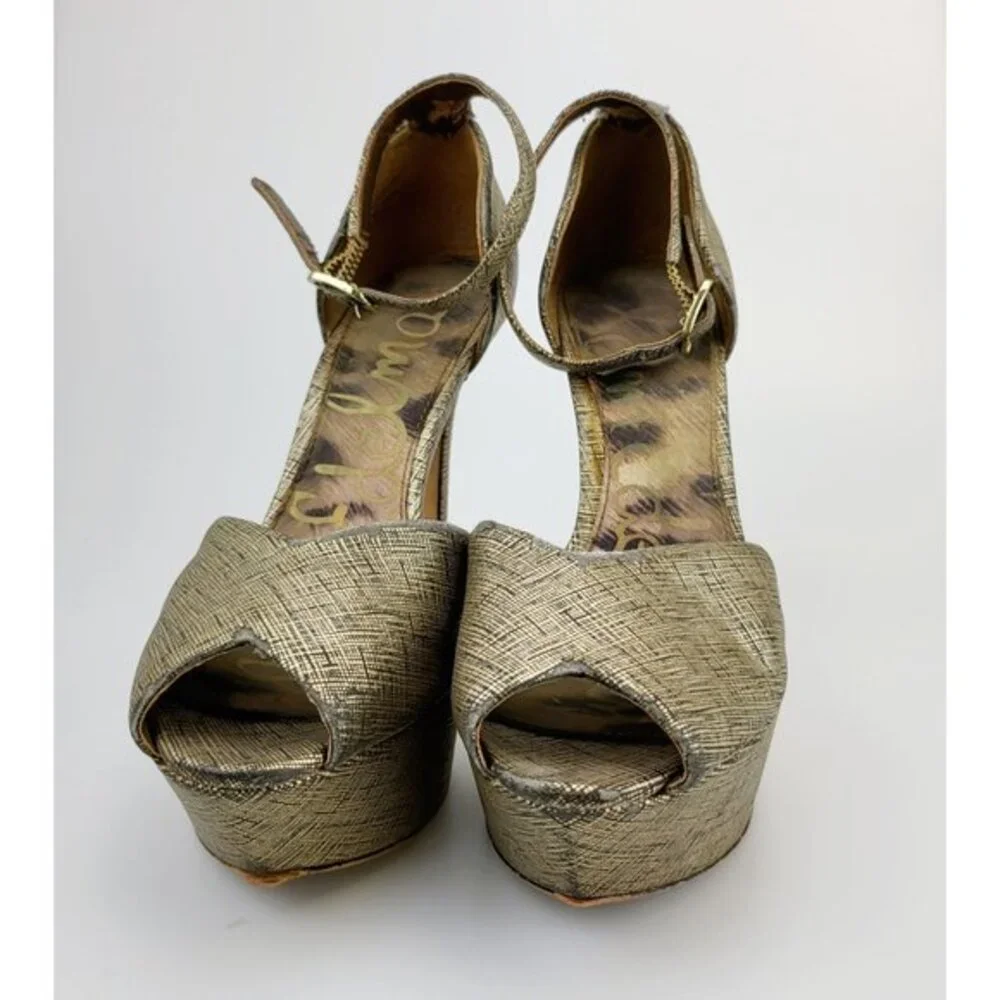 Y2K Platform Heels Sam Edelman Sandals 6 Gold Glam Crosshatch‎ Peep Toe Stiletto